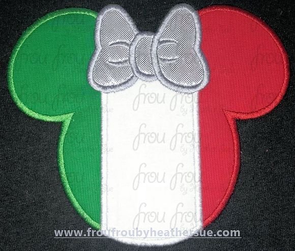 France and Italy Flag Miss Mouse Head Machine Applique and Filled Embroidery Design 1"-16"