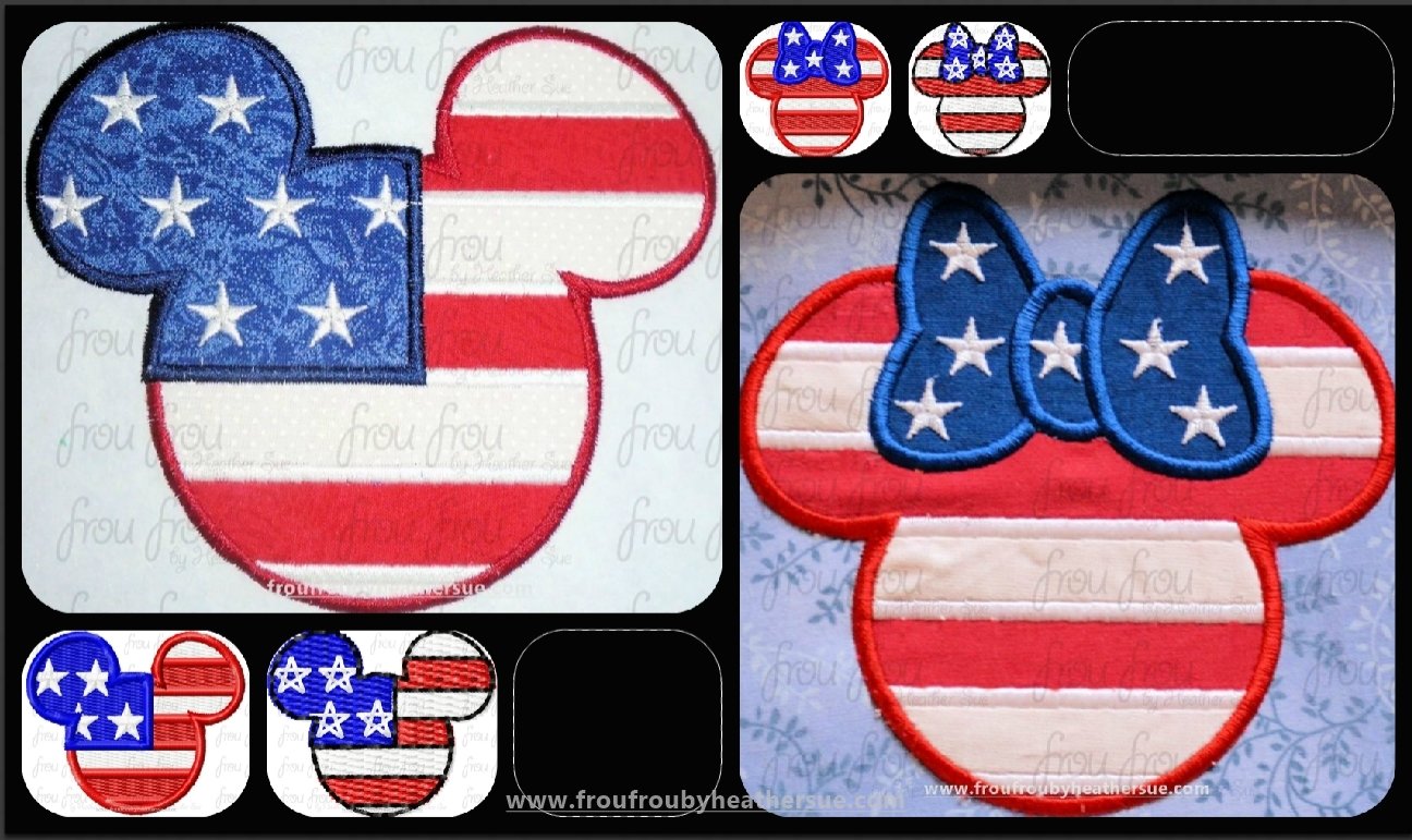 American Flag Mister and Miss Mouse Head TWO Design SET Machine Applique and Filled Embroidery Design, multiple sizes, including 1"-16"
