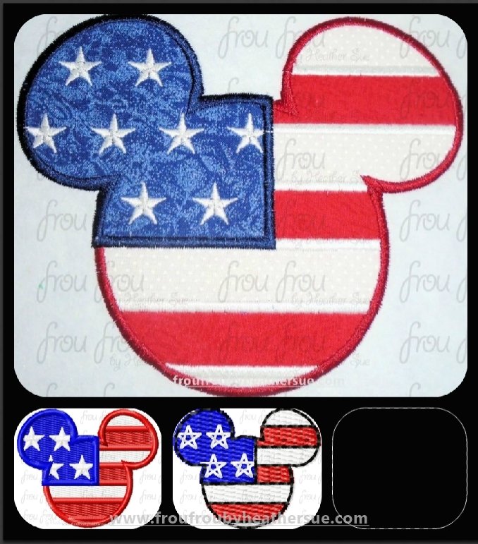 American Flag Mister Mouse Head Machine Applique and Filled Embroidery Design 1&quot;-16&quot;