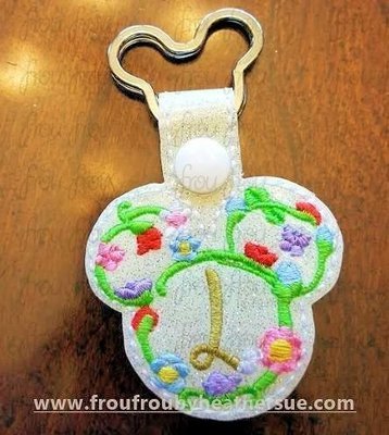 Flower Outline Mister Mouse Head Key Fob, short and long tab, velcro or snaps, THREE SIZES in the hoop Machine Applique Embroidery Design- 4", 7", and 10"