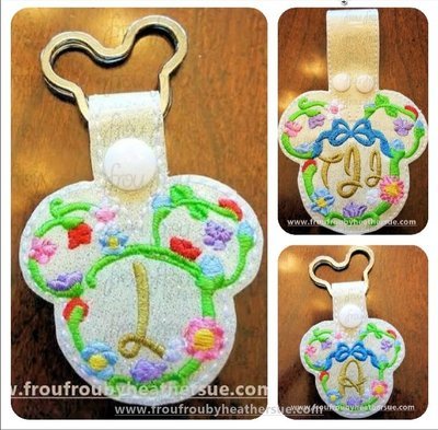 Flower Outline Mister and Miss Mouse Head Key Fob TWO Design SET short and long tab, velcro or snaps, THREE SIZES in the hoop Machine Applique Embroidery Design- 4
