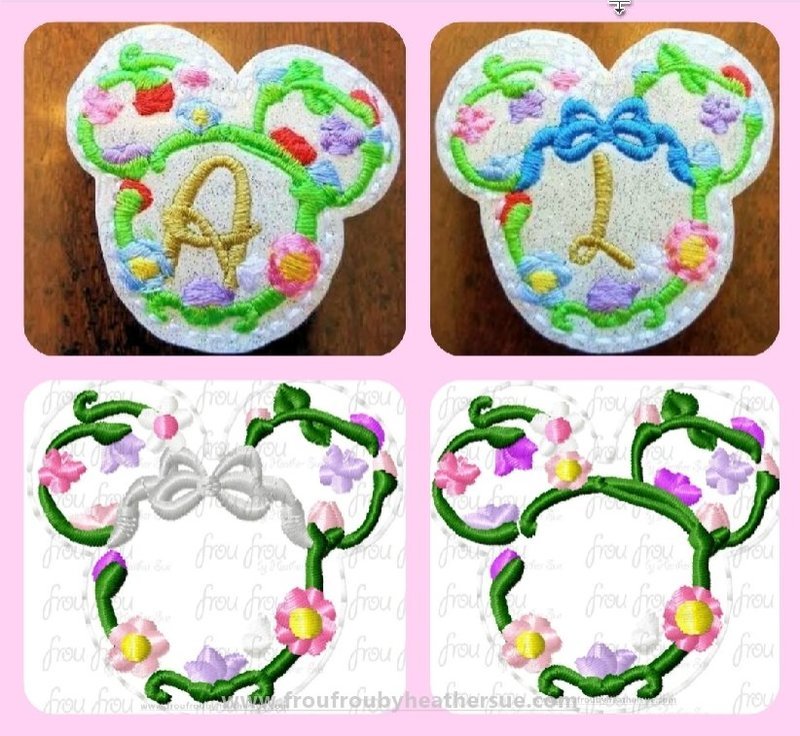 Clippie Flower Outline Mister and Miss Mouse Head TWO Design SET Machine Embroidery In The Hoop Project SORTED and singles 1.5, 2, 3, and 4 inch