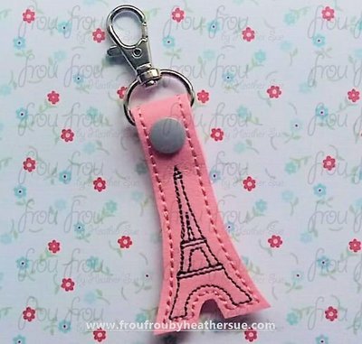 Eiffel Tower Key Fob, short and long tab, velcro or snaps, THREE SIZES in the hoop Machine Applique Embroidery Design- 4