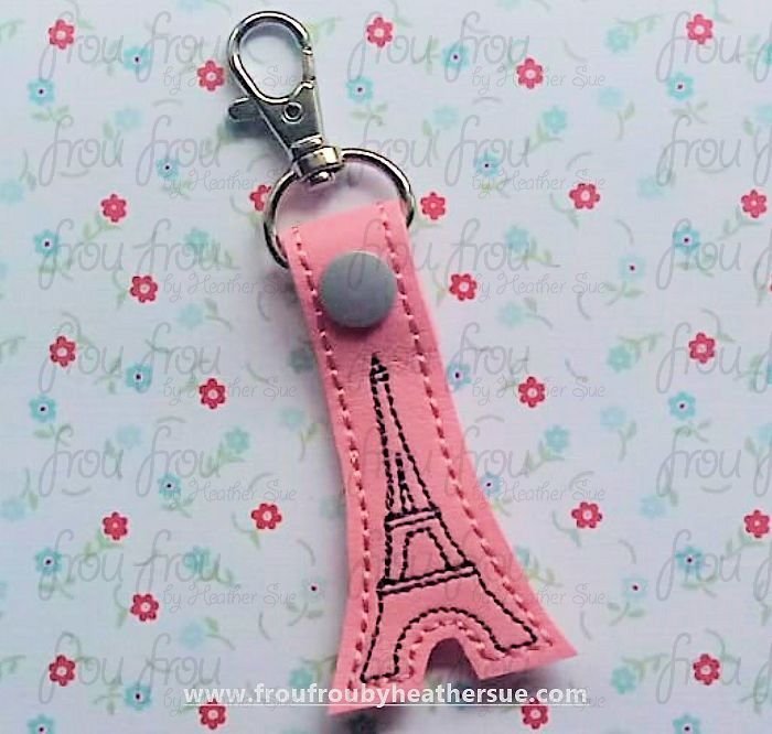 Eiffel Tower Key Fob, short and long tab, velcro or snaps, THREE SIZES in the hoop Machine Applique Embroidery Design- 4", 7", and 10"