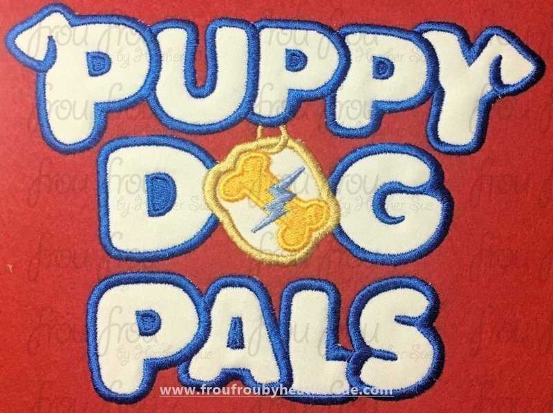 Puppy Dog Friends Logo Wording Machine Applique and Filled Embroidery Design, multiple sizes, including 2&quot;-16&quot;