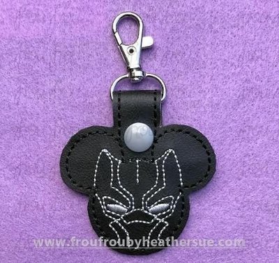 Black Cat Superhero With Mister Mouse Ears Key Fob, short and long tab, velcro or snaps, THREE SIZES in the hoop Machine Applique Embroidery Design- 4
