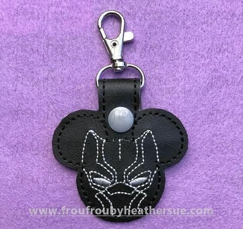 Black Cat Superhero With Mister Mouse Ears Key Fob, short and long tab, velcro or snaps, THREE SIZES in the hoop Machine Applique Embroidery Design- 4", 7", and 10"