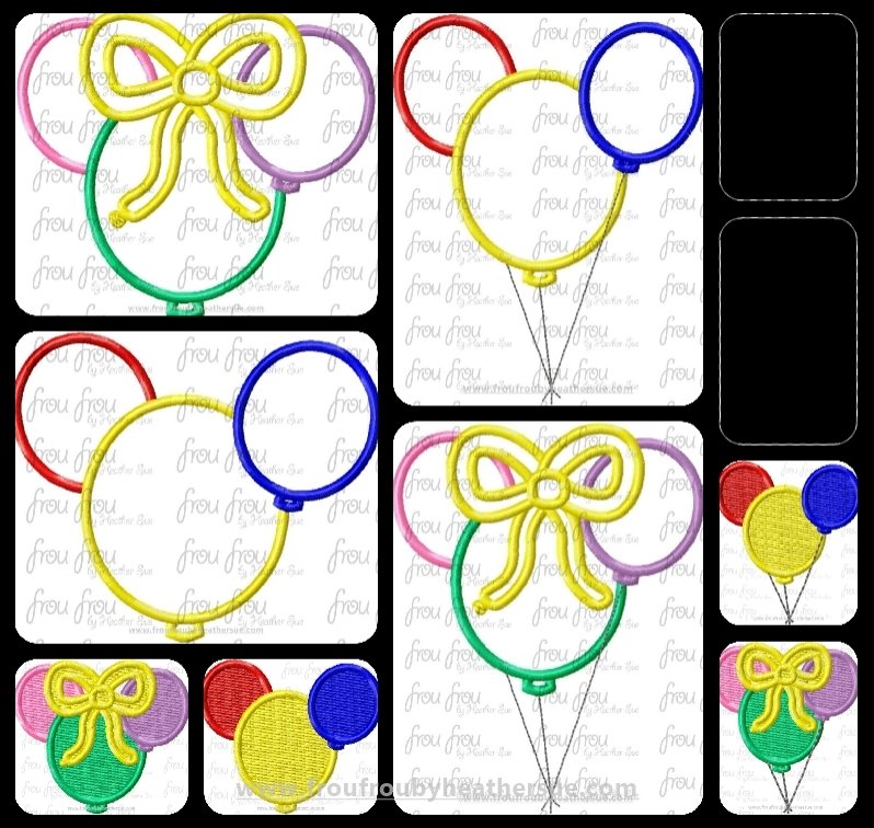 Balloons Miss and Mister Mouse Head, with and without string, FOUR design SET Machine Applique Embroidery Design 2&quot;-16&quot;