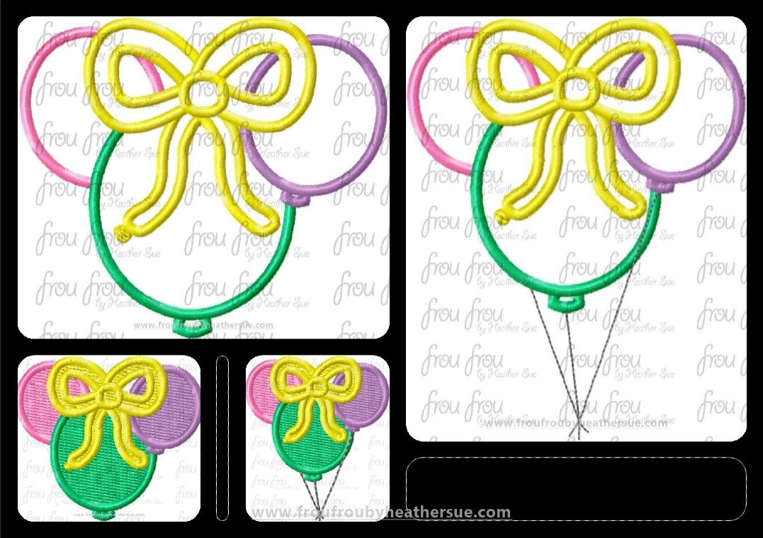 Balloons Miss Mouse Head, with and without string, TWO design SET Machine Applique Embroidery Design 2&quot;-16&quot;