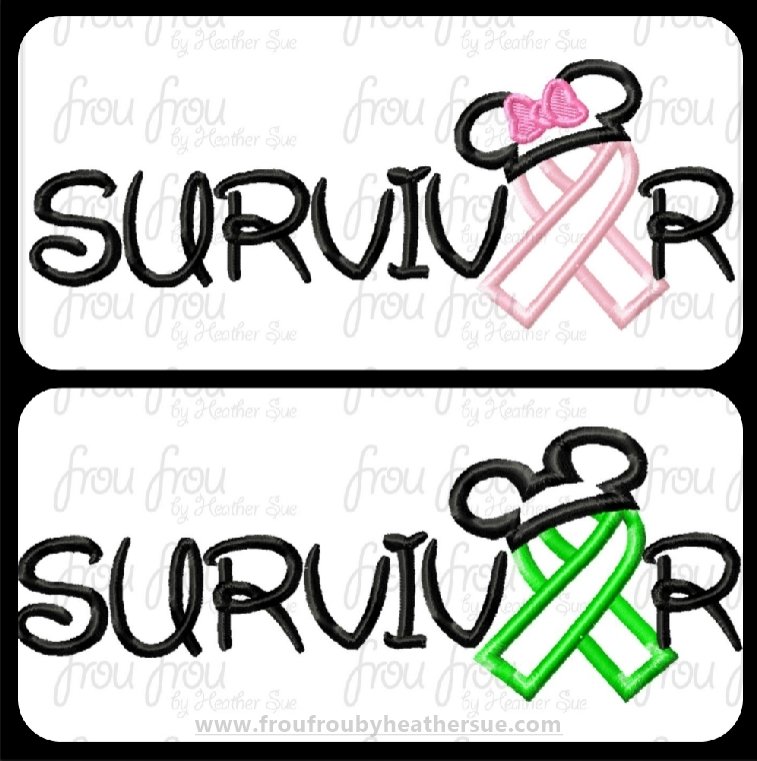 Survivor Awareness Ribbon with Mister and Miss Mouse Ears TWO Design SET Applique and filled Embroidery Designs, mutltiple sizes including 4