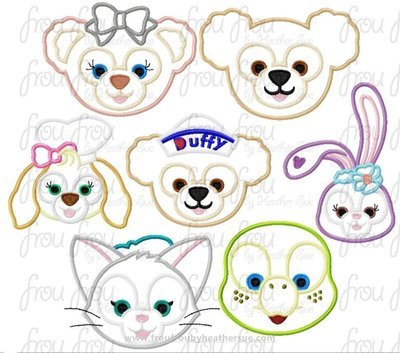 Duff Bear and Friends Heads SEVEN Design SET Machine Applique Embroidery Design, Multiple sizes including 2