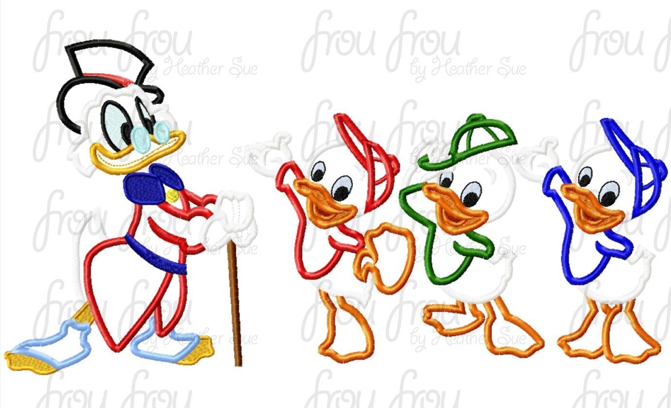 Uncle Scruge Duck, Hughey, Dooey, and Louie Full Body FIVE Design SET Machine Applique Embroidery Design, Multiple Sizes- 4&quot;-16&quot;