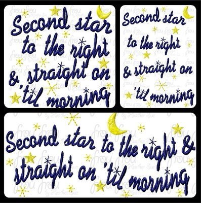 Second Star To The Right Wording TWO versions Tinkk Pete Pan Machine Applique Embroidery Design, Multiple sizes including 4 inch