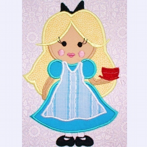 Alise With Tea Cup Cutie  Applique Embroidery Design, mutltiple sizes  INCLUDING 4 INCH