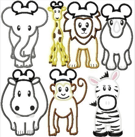 Jungle Animals with and without Mister Mouse ears, FOURTEEN machine embroidery applique design SET, multiple sizes including 4 inch