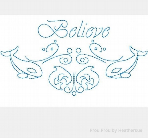 Killer whales, dolphins, and believe redwork machine embroidery designs, multiple sizes and configurations