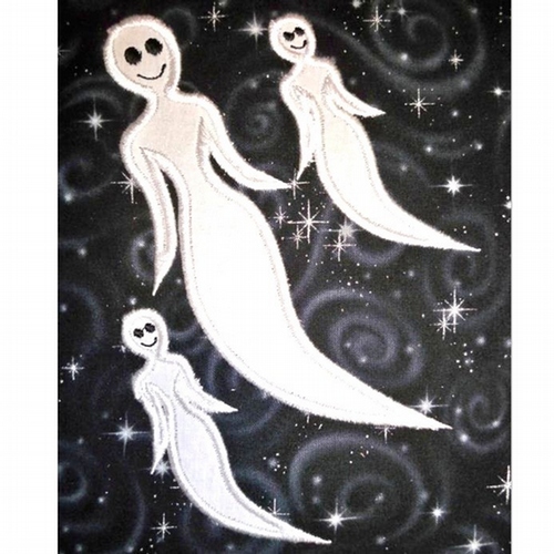 Flying Ghosts Haunted House  Halloween Machine Applique Embroidery Design, multiple sizes, including 4 inch