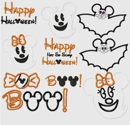 Halloween Mister and Miss Mouse TEN machine applique embroidery DESIGN SET ghost, vampire bat, candy, Boo, pumpkin, Multiple sizes, INCLUDING FOUR INCH