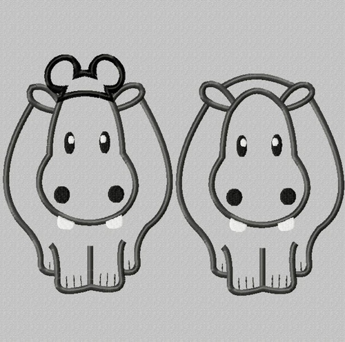 Hippo with and without Mister Mouse ears TWO DESIGNS Machine Applique Embroidery Design, Multiple sizes, including 4 inch