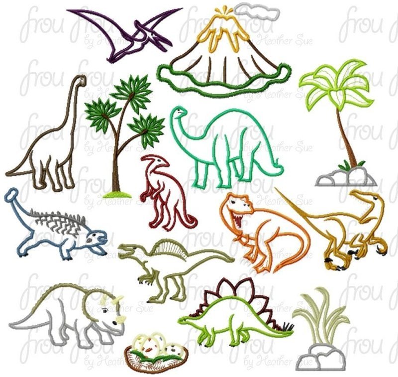 Dinosaurs FIFTEEN Design SET 3 designs are FREE! Machine Applique and Filled Embroidery Designs 2&quot;-16&quot;