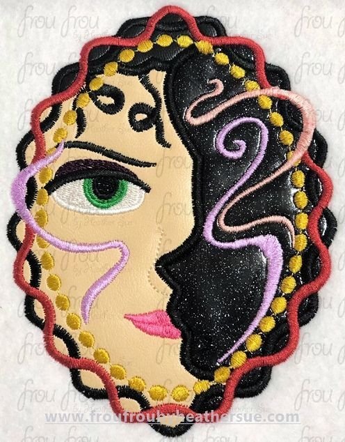 Mother Goth and Punzel Profile Silhouette in Frame Villain and Hero Machine Applique Embroidery Design, multiple sizes including 4"-16"