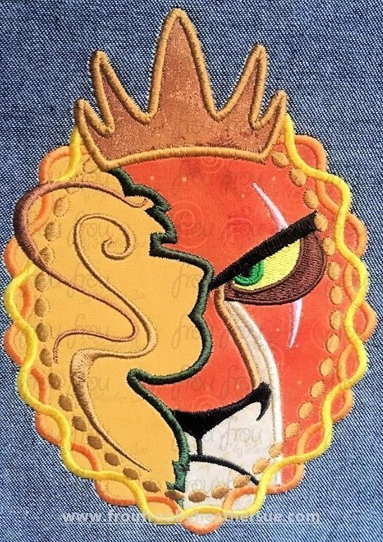 Scarred Lion and Lion in Frame Profile Silhouette in Frame Villain and Hero Machine Applique Embroidery Design, multiple sizes including 4&quot;-16&quot;