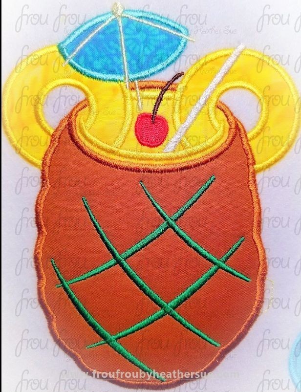 Pineapple drink Mister Mouse Machine Applique and Filled Embroidery Design, Multiple sizes including 1.5