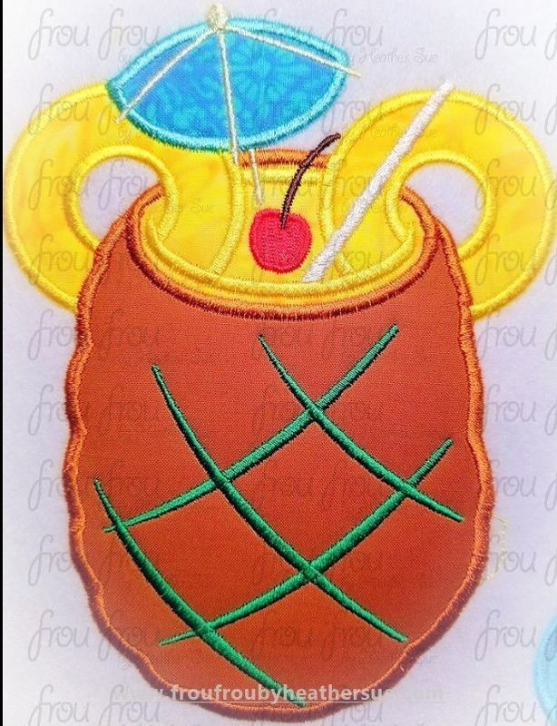 Pineapple drink Mister Mouse Machine Applique and Filled Embroidery Design, Multiple sizes including 1.5"-16"