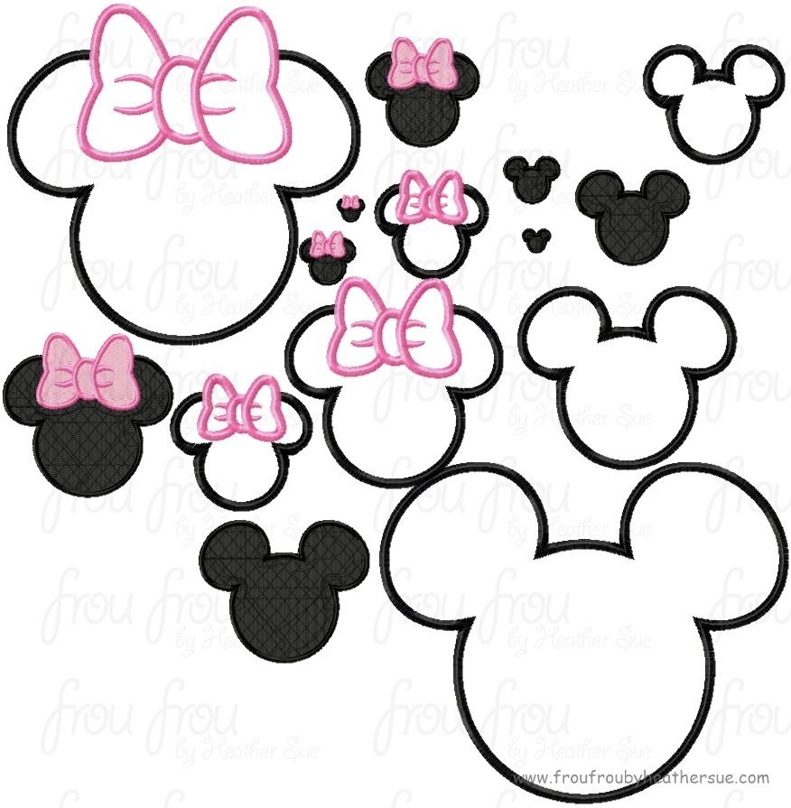 Plain Mister and Miss Mouse head SET Machine Applique and filled Embroidery Designs, THIRTY-SIX files in 14 Sizes from 1/2&quot; to 14&quot;!!