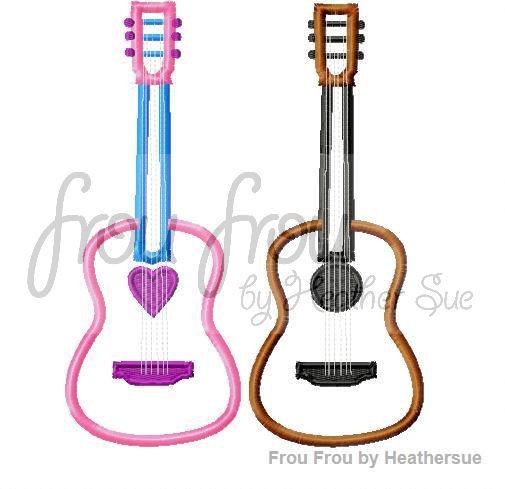 Accoustic Guitar With and Without Heart TWO Machine Applique Embroidery Designs, multiple sizes, including 4 inch