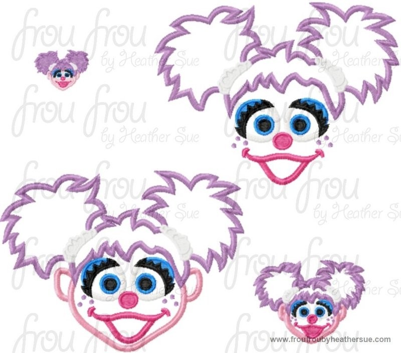 Abi Cabi Face and Head  TWO Machine Applique and filled Embroidery  Designs Multiple Sizes, including 1.5, 2, 3,4 inch and more