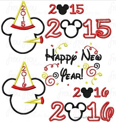 2015 and 2016 New Year Mister Mouse SEVEN Design SET, Machine Applique Embroider Designs, multiple sizes, including 4 inch