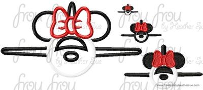 Airplane Miss Mouse Head Machine Applique and Filled Embroidery Design, multiple sizes, including 1, 2, 4, 7, and 10 inch