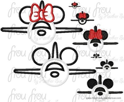 Airplane Mister and Miss Mouse Head TWO Design SET Machine Applique and Filled Embroidery Design, multiple sizes, including 1, 2, 4, 7, and 10 inch