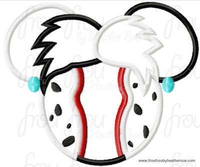 Cruel Dalmation Lady Mouse Head Machine Applique Embroidery Designs, multiple sizes including 4 inch