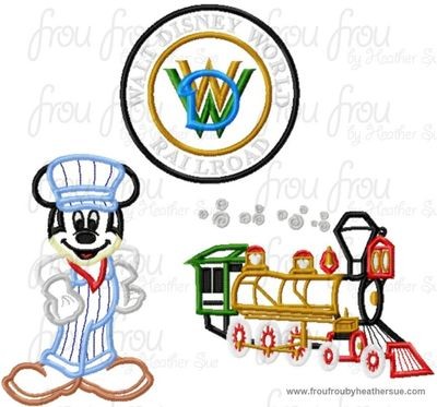 Dis World Mister Mouse Steam Engine Train THREE Design SET Machine Applique Embroidery Design, Multiple Sizes- including 4 INCH
