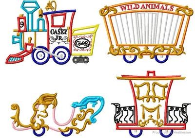 Circus Train Flying Elephant FOUR Design SET Machine Applique Embroidery Design, Multiple sizes including 4 inch