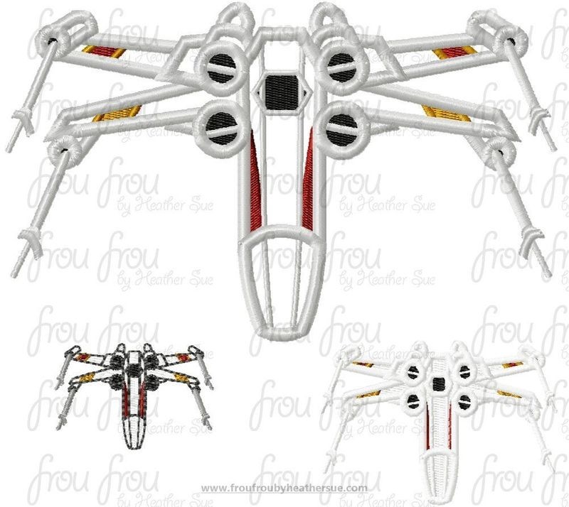 X Fighter Plane Space Wars Machine Applique and filled Embroidery Design Multiple Sizes, including 2"-16"