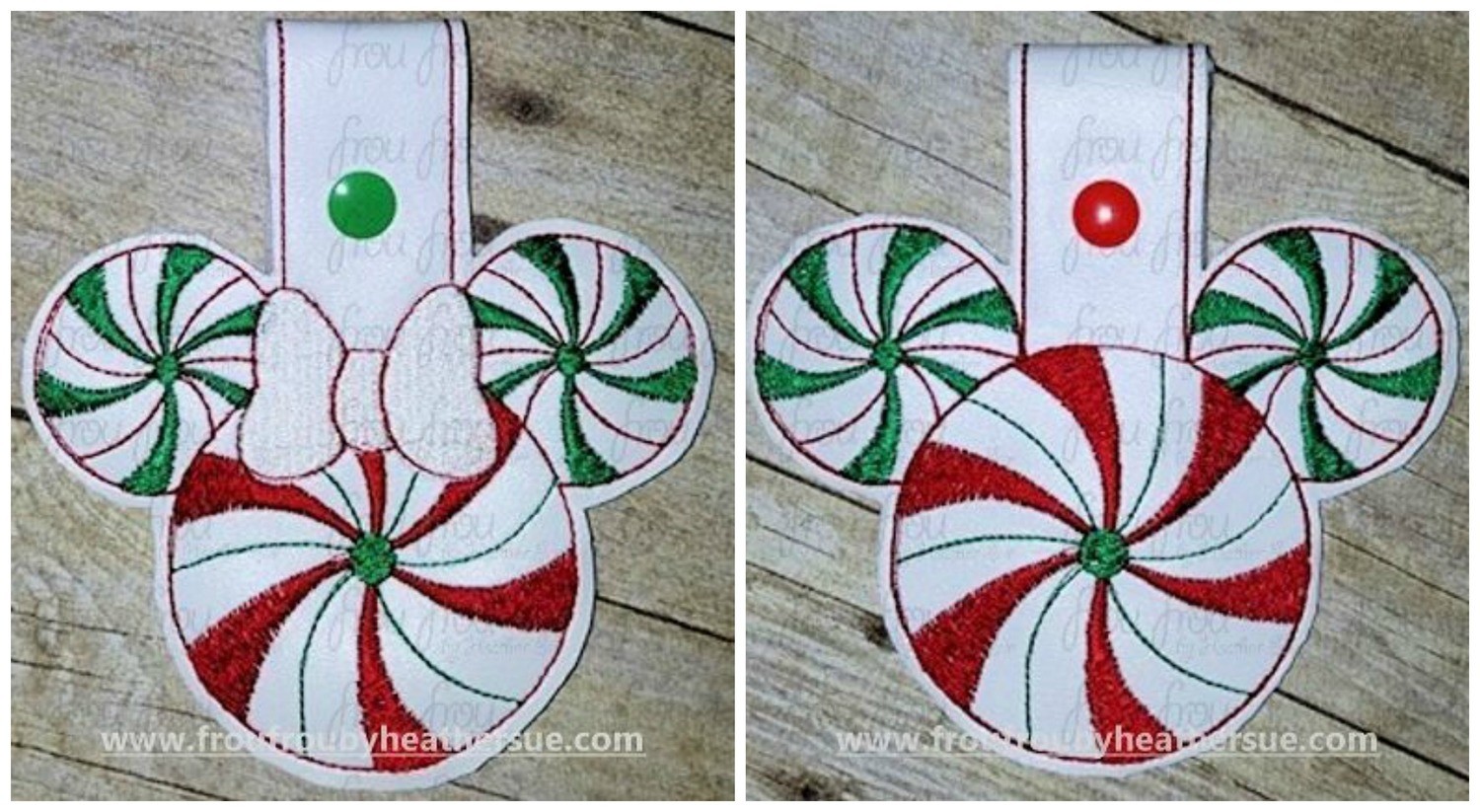 Peppermint Candy Mister and Miss Mouse Head Key Fobs TWO Design SET, Two versions each, short and long tab, velcro or snaps, THREE SIZES in the hoop Machine Applique Embroidery Design- 4