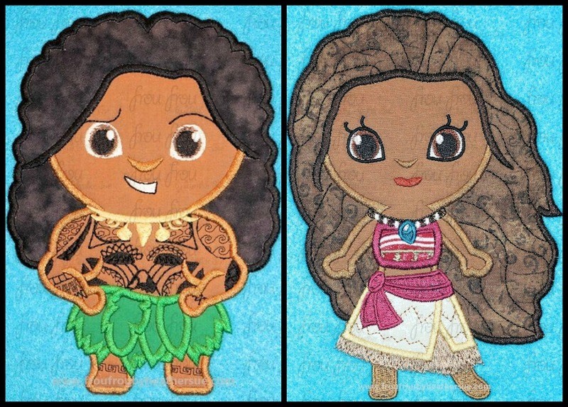 Mona and Mowi Hawaii Polynesian Demi God Little Cutie Princess TWO Design SET Machine Applique Embroidery Design, Multiple sizes 4&quot;-16&quot;