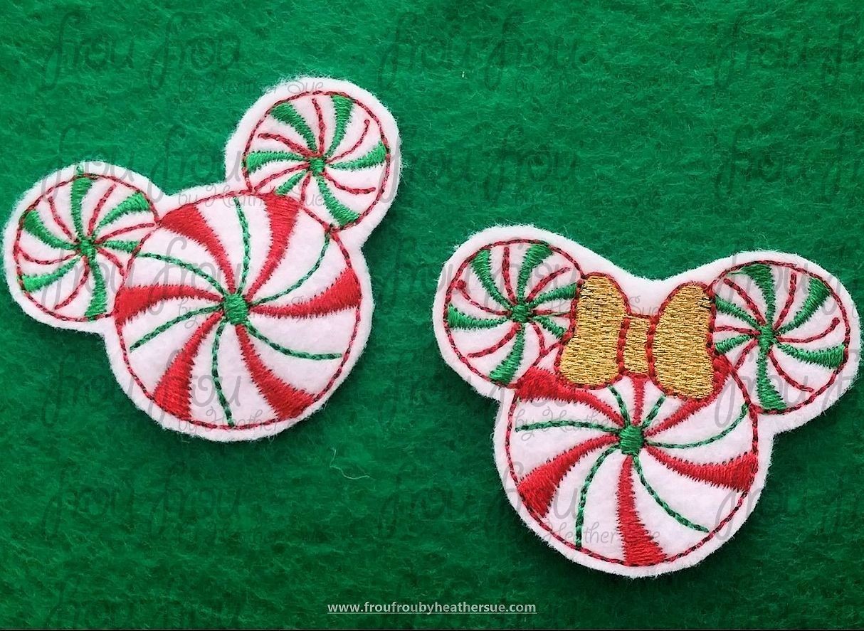 Clippie Peppermint Candy Christmas Mister and Miss Mouse Head TWO Design SET Shoe Decor Machine Embroidery In The Hoop Project 1.5, 2, 3, and 4 inch