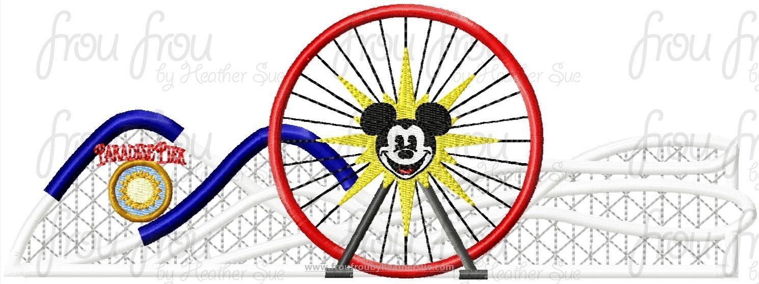 Paradise Pier Roller Coaster and Mister Mouse Fun Ferris Wheel Dis Land Machine Applique Embroidery Design, Multiple Sizes, including  6&quot;-16&quot;
