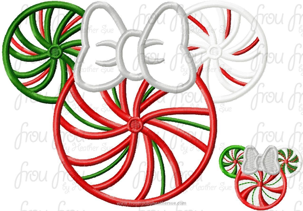 Peppermint Candy Miss Mouse Head Christmas Winter Machine Applique and filled Embroidery Design, Multiple sizes including 2&quot;-16&quot;