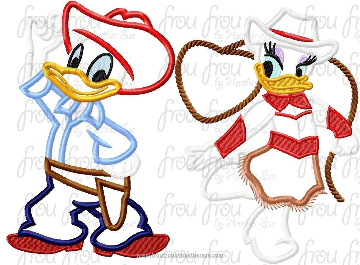 Cowboy  Don Duck and Cowgirl Dasey Duck Full Body TWO Design SET Machine Applique Embroidery Design, Multiple Sizes- 4&quot;-16&quot;