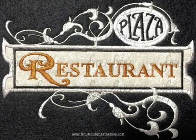 Plaza Restaurant Logo Wording Machine Applique Embroidery Design, multiple sizes including 3"-16"