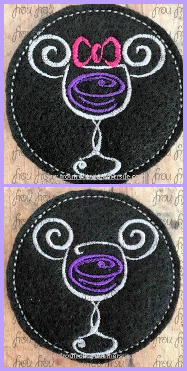 Clippie Wine Glass Mister and Miss Mouse Head TWO Design SET Machine Embroidery In The Hoop Project 1.5, 2, 3, and 4 inch