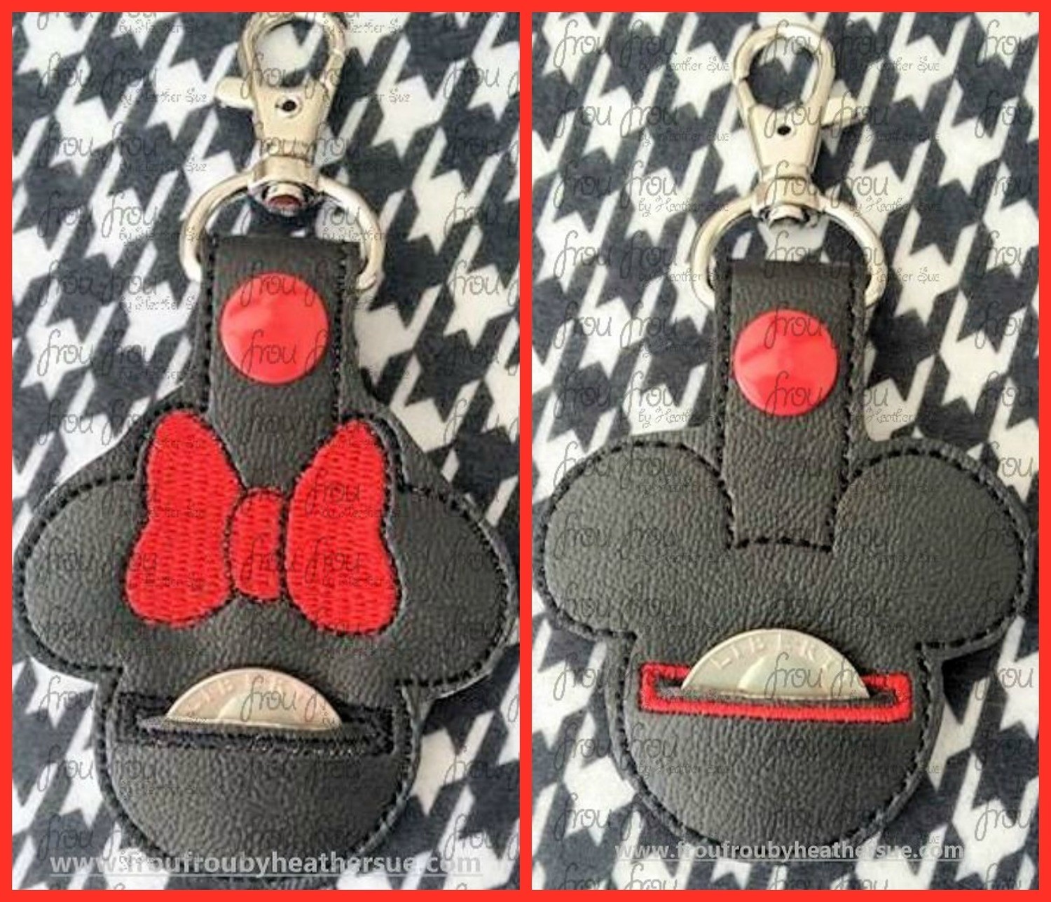 Mister and Miss Mouse Head Key Fob Grocery Cart Coin Quarter Holder, velcro or snaps, TWO design SET in the hoop Machine Applique Embroidery Design- 4&quot;