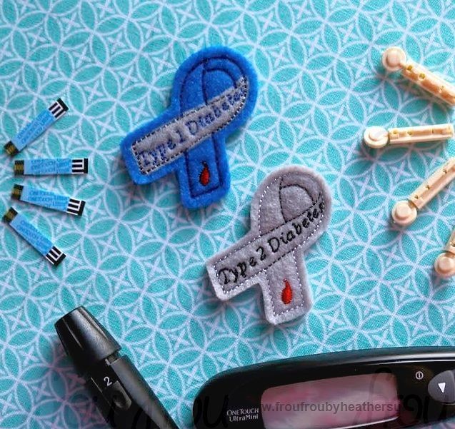Clippie Diabetes Type 1 Juvenile and Type 2 Awareness Ribbon SET Machine Embroidery In The Hoop Project 2 and 3 inch