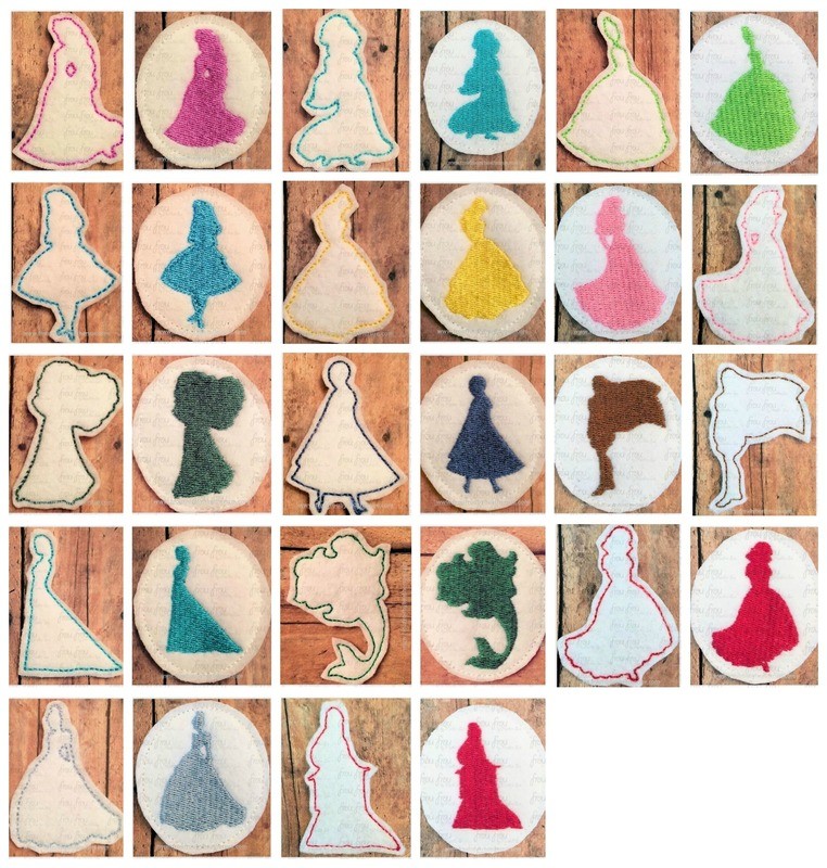 Clippies Princesses Full Body Silhouette TWENTY-EIGHT Design SET In The Hoop Embroidery Design, Multiple sizes 1.5"-4"