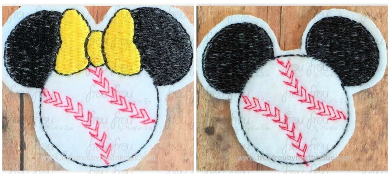 Clippie Baseball Softball Mister and Miss Mouse Head TWO design SET Machine Embroidery In The Hoop Project 1.5, 2, 3, and 4 inch